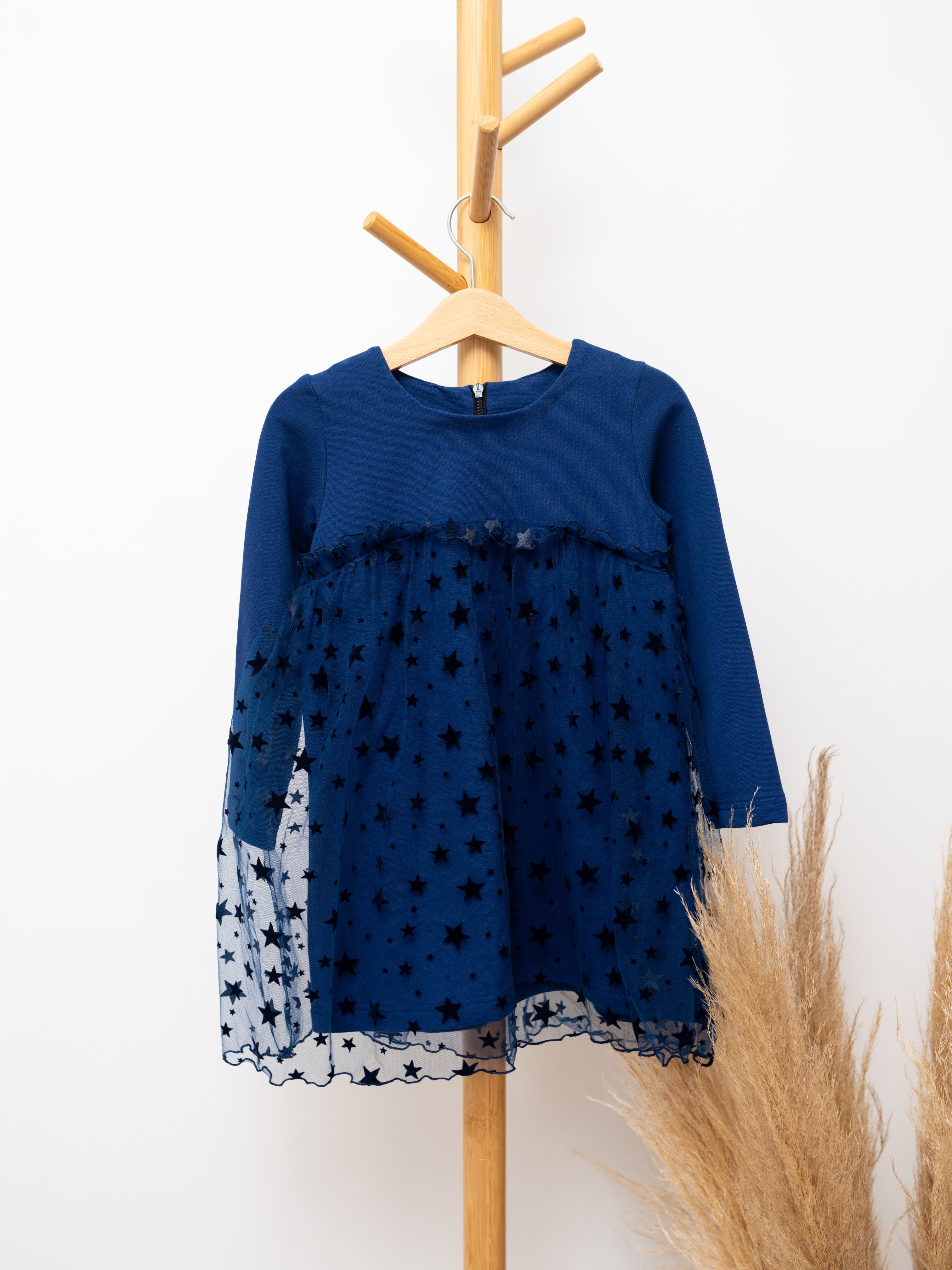 Mėlyna vaikiška suknelė su tiuliu žvaigždutėmis - Jukoday