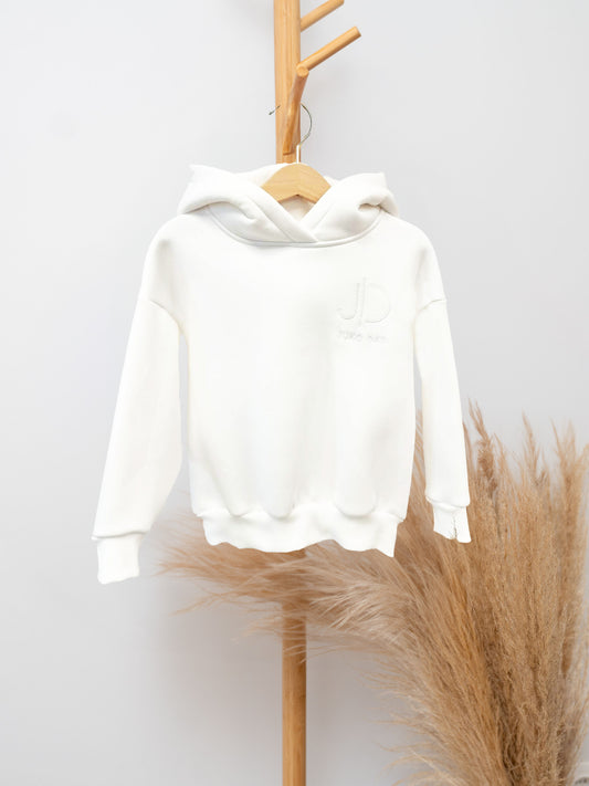 Baltos spalvos vaikiškas laisvalaikio megztinis su storu pūku