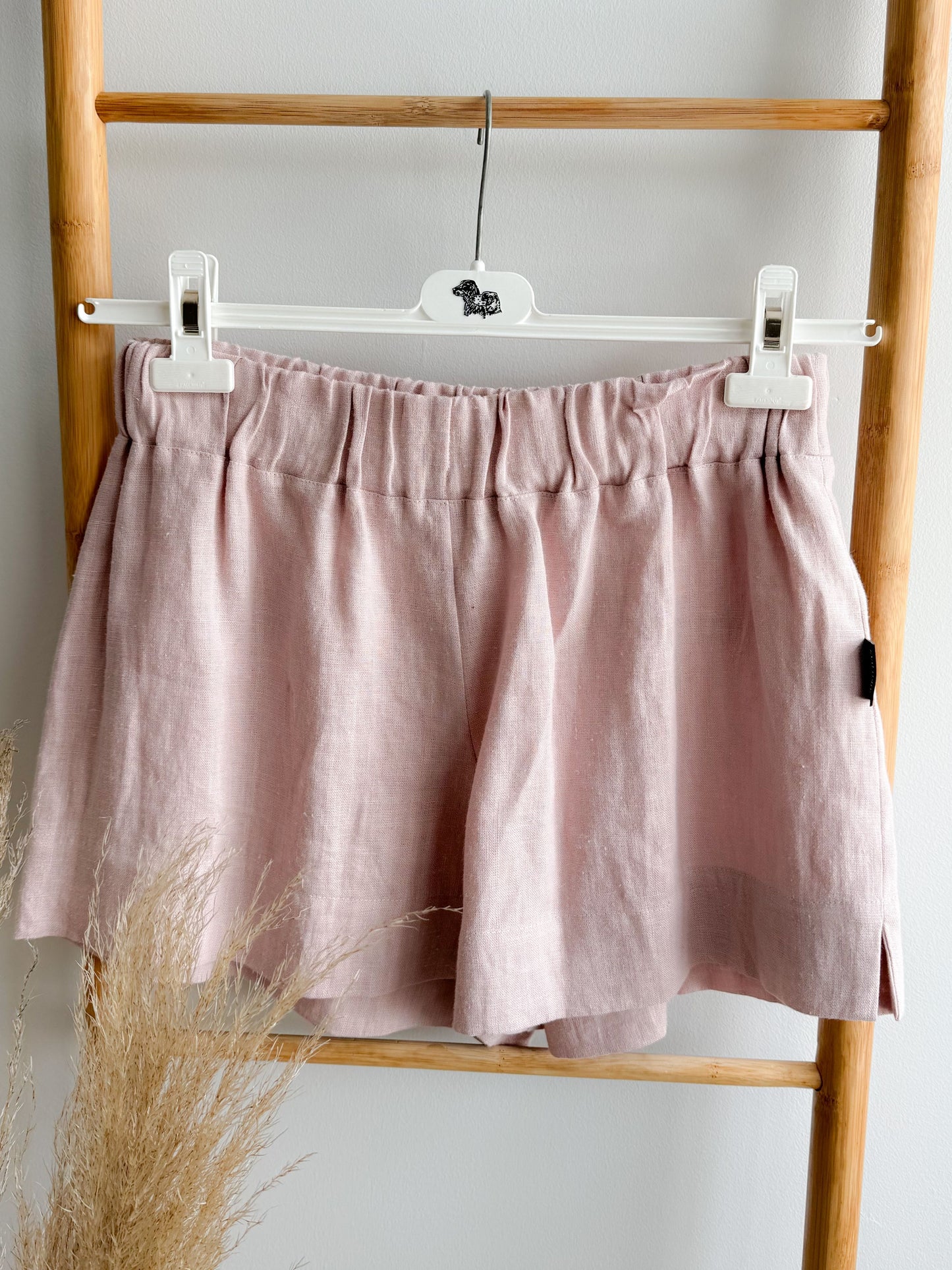 Ash pink linen shorts for women