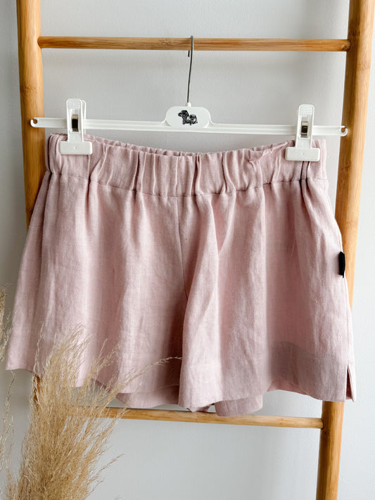 Ash pink linen shorts for women