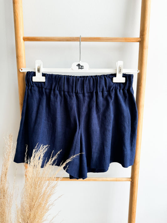 Dark blue linen shorts for women