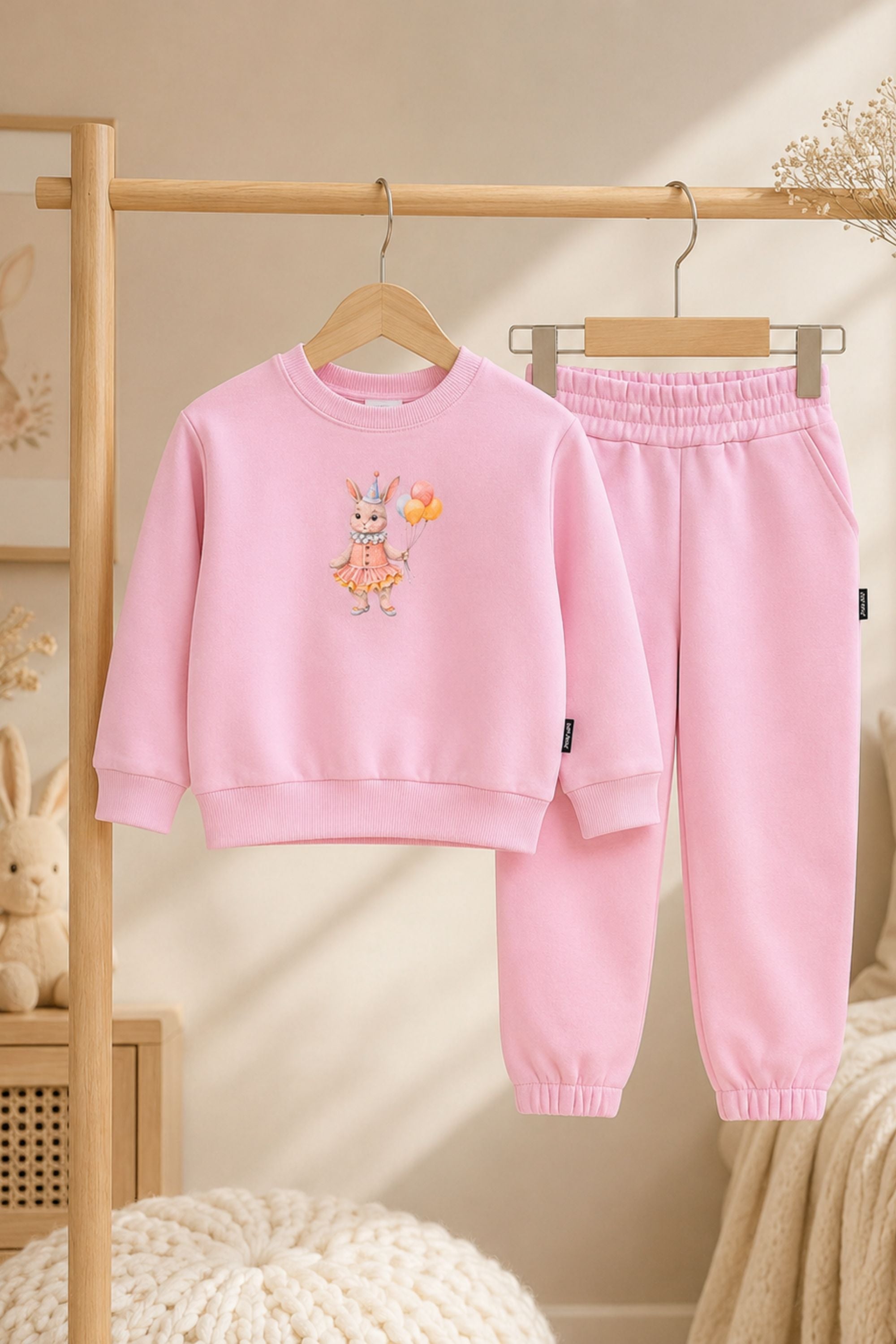 Vasarinis baby pink spalvos vaikiškas kostiumėlis "ZUIKUTĖ" | Džemperis + kelnės