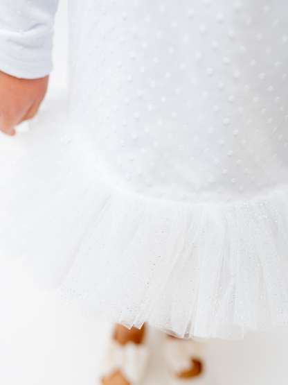 Šventinė, balta varpelio formos suknelė su tiūliu
