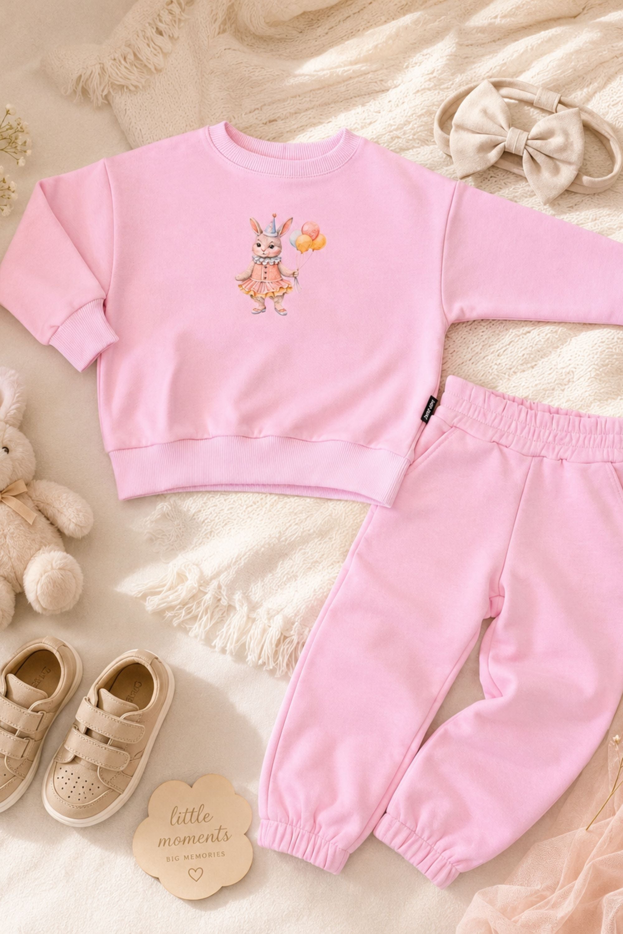 Vasarinis baby pink spalvos vaikiškas kostiumėlis "ZUIKUTĖ" | Džemperis + kelnės