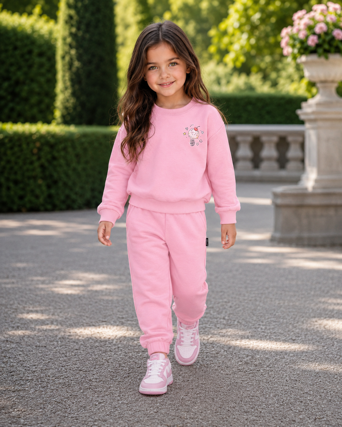Vasarinis baby pink spalvos vaikiškas kostiumėlis | Džemperis + kelnės