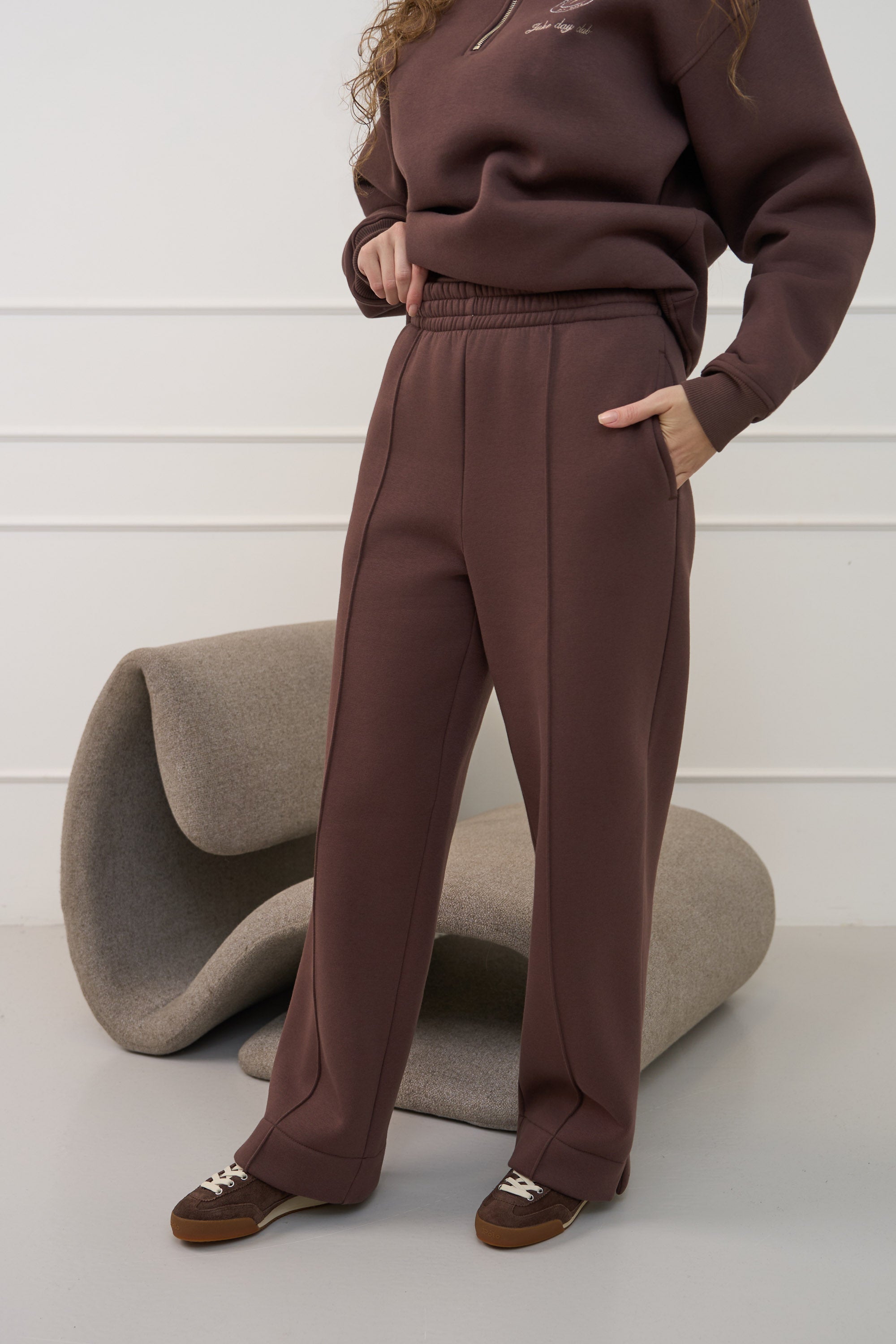 Šokolado spalvos, plačios kelnės moterims "COFFEE BEAN" | Su kantu
