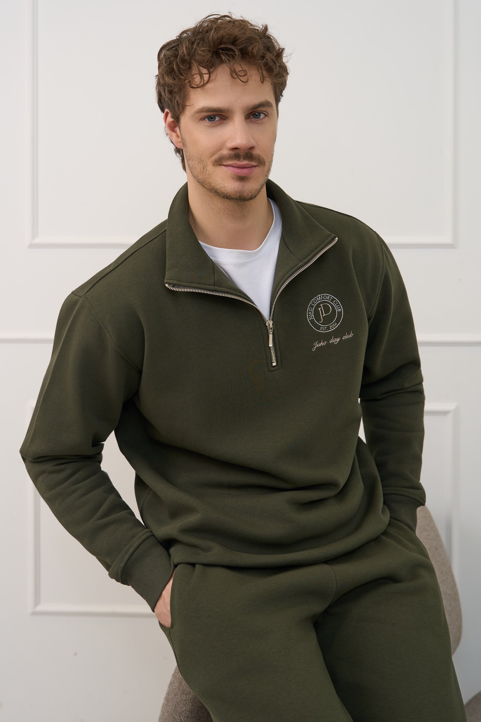 Chaki spalvos džemperis vyrams | Su pusiniu užtrauktuku