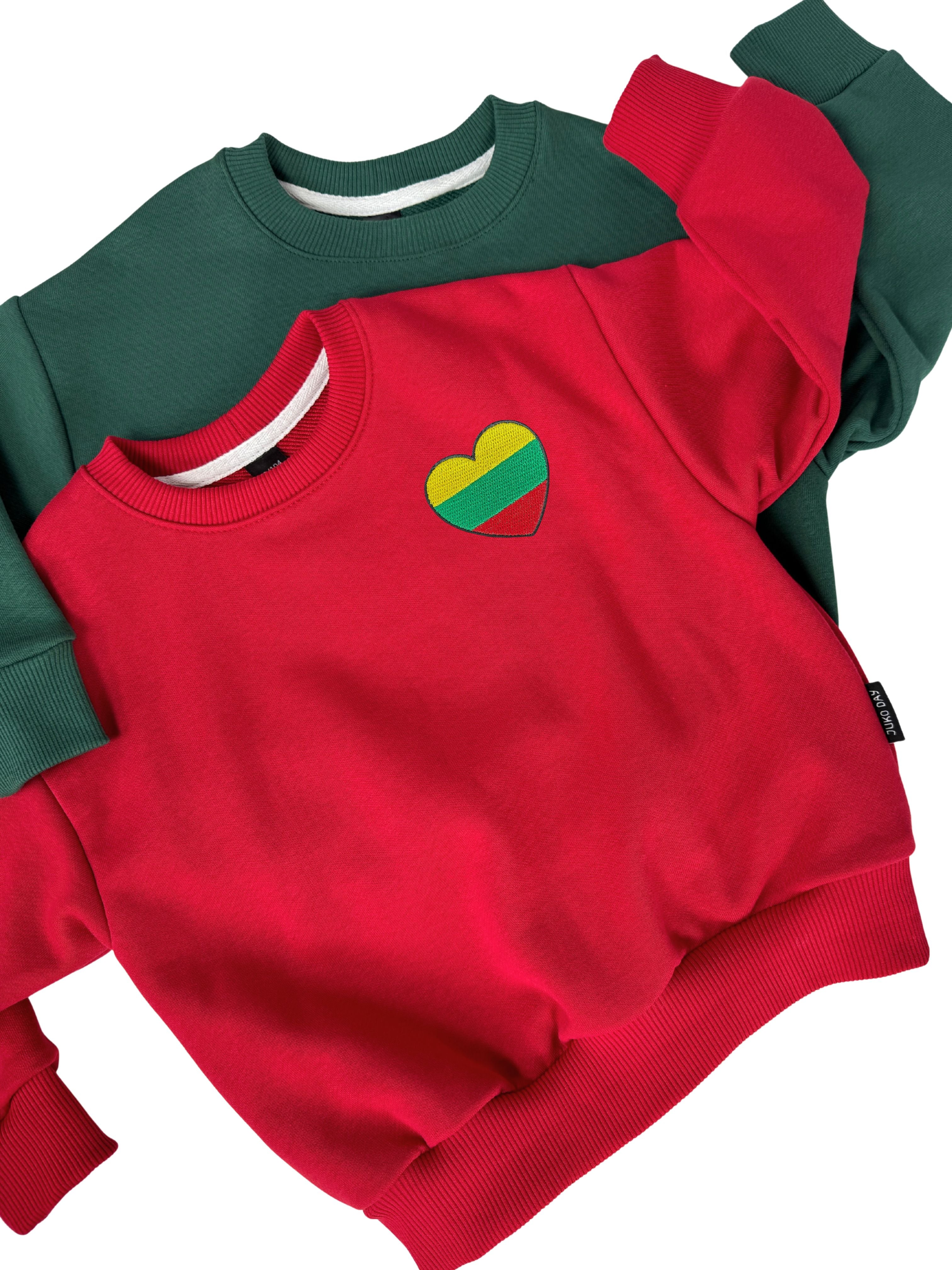 džemperis vaikui Lietuva, geltona žalia raudona apranga vaikui, medvilninis vaikiškas džemperis su trispalvės detalėmis