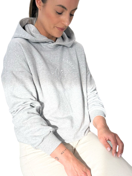 Pilko melanžo moteriškas megztinis su gobtuvu "MAMA"