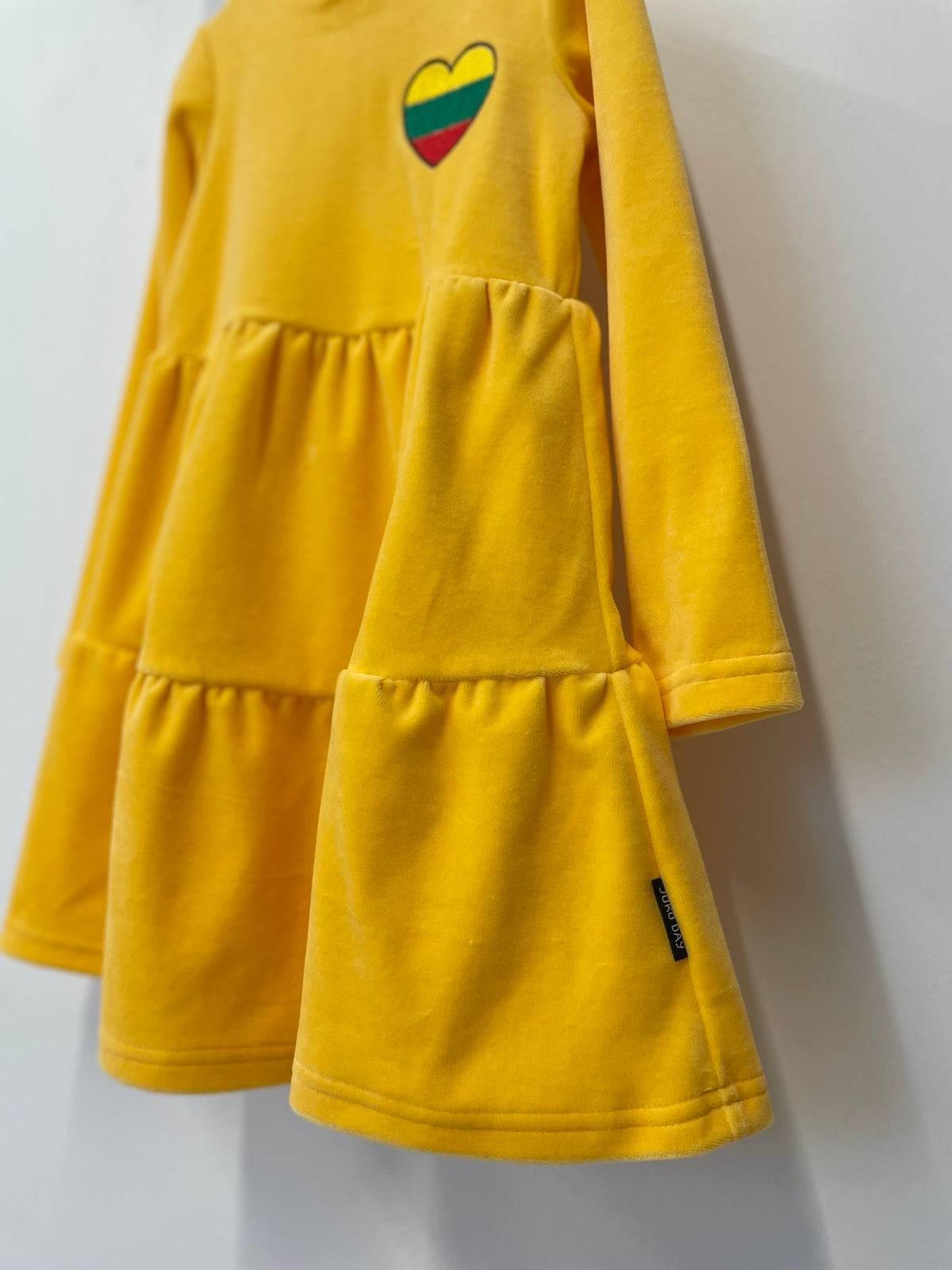 Geltona vaikiška veliūrinė suknelė su varpeliu